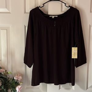 Debbie Morgan Women’s Size L 3/4 Sleeve Scoop Smock Neck Top Syrup Dark Brown